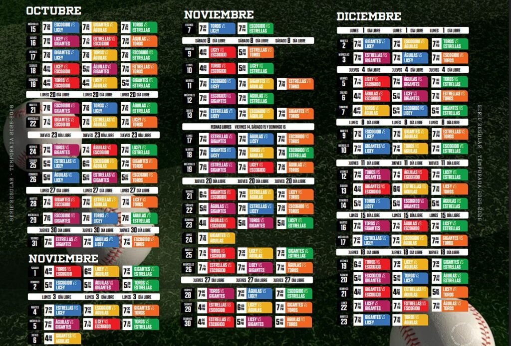 Calendario de la LIDOM temporada 2025-2025 Pelota invernal Dominicana