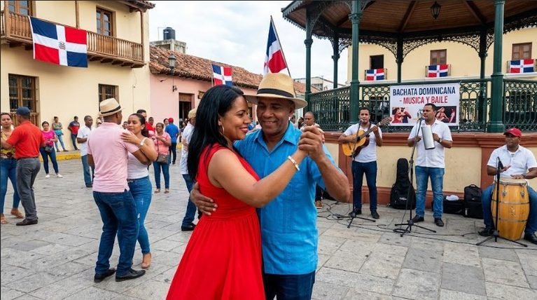 En la portada se ve una pareja bailando bachata y una orquesta tocando bachata
