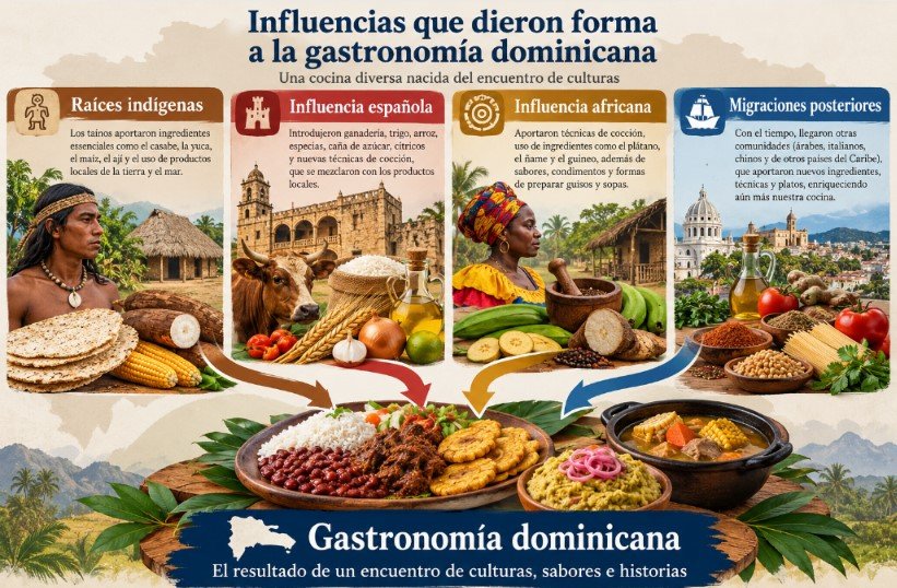 Raíces indígenas + españolas + africanas + migraciones posteriores → Gastronomía dominicana