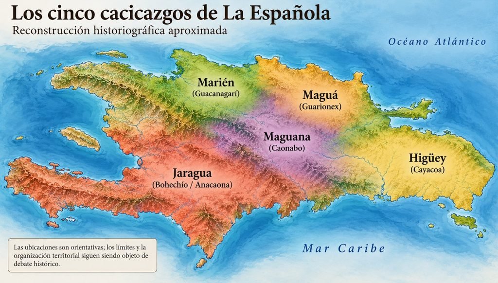 Cultura taína en República Dominicana: historia, origen y legado 5 Mapa interpretativo de los cinco cacicazgos tradicionales de La Española: Marién, Maguá, Maguana, Jaragua e Higüey, con sus ubicaciones aproximadas