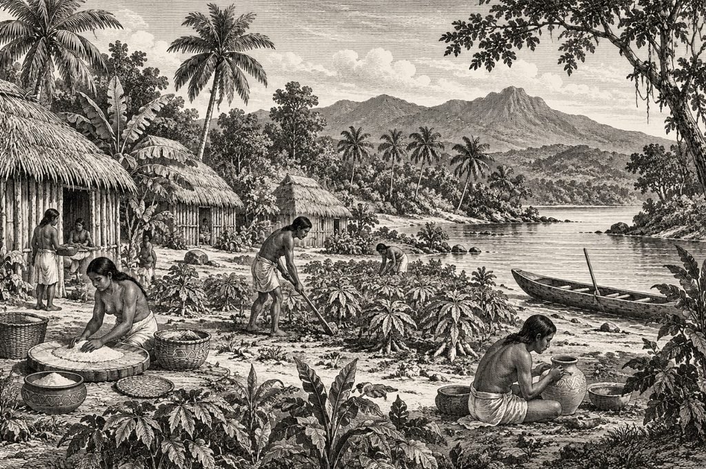 Cultura taína en República Dominicana: historia, origen y legado 2 Ilustración interpretativa de una comunidad taína y su entorno en La Española